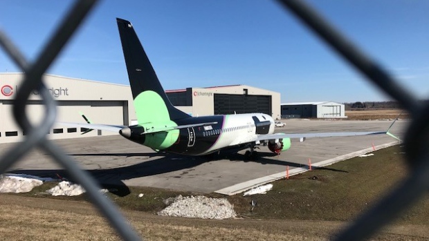 A former Flair Airlines plane at the Region of Waterloo International Airport on Feb. 26, 2024. (Dave Pettitt/CTV Kitchener)