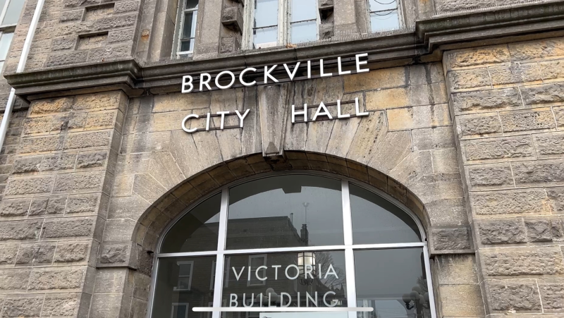 Outside of City Hall in Brockville, Ont., where Brockville city council will discuss a new policy on social media harassment. Feb. 26, 2024. (Jack Richardson/CTV News Ottawa).