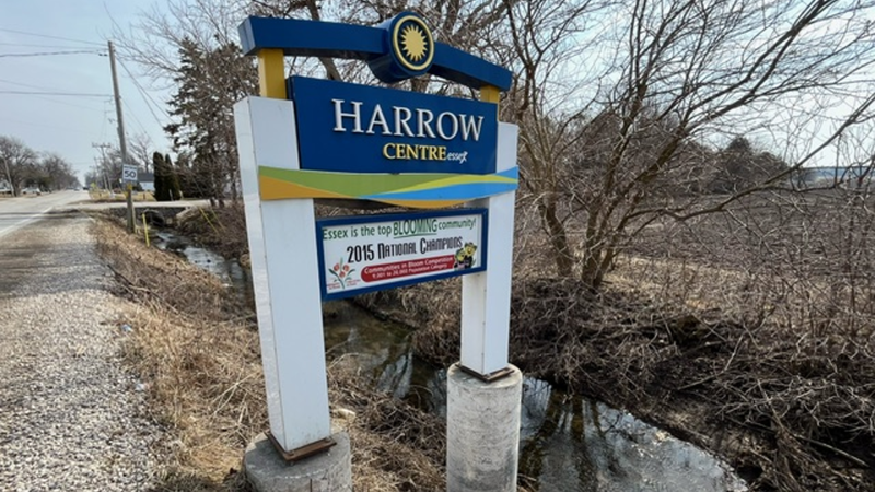 Harrow town sign seen on Feb. 26, 2024. (Chris Campbell/CTV News Windsor) 