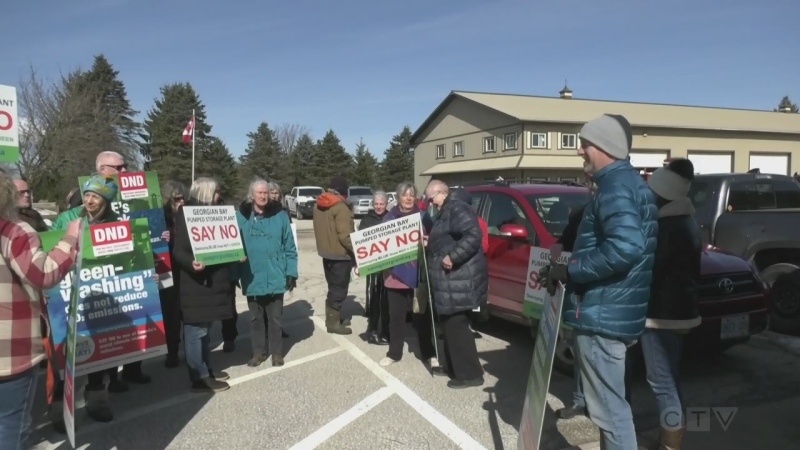 Protestors opposed to a multi-billion-dollar energy storage facility proposal gather in Meaford, Ont., on Mon., Feb. 26, 2024. (CTV News/Christian D'Avino)