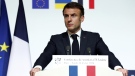 French President Emmanuel Macron speaks during a press conference at the Elysee Palace in Paris, Monday, Feb. 26, 2024. More than 20 European heads of state and government and other Western officials are gathering in a show of unity for Ukraine, signaling to Russia that their support for Kyiv isn't wavering as the full-scale invasion grinds into a third year. (Gonzalo Fuentes/Pool via AP)