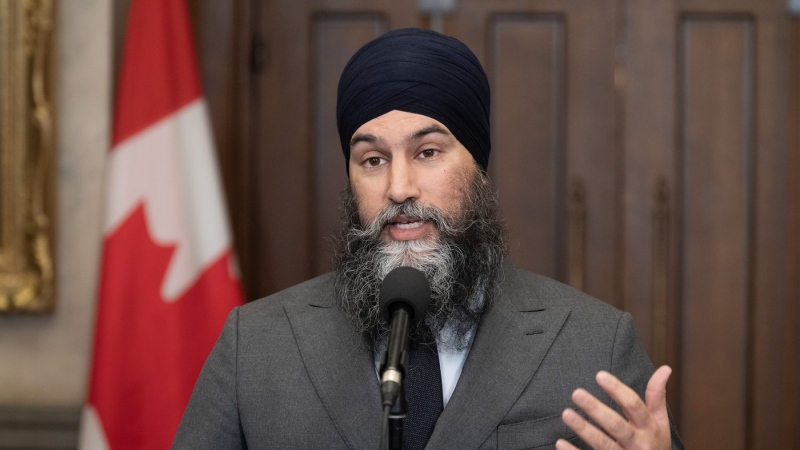 New Democratic Party leader Jagmeet Singh speaks with reporters before Question Period, in Ottawa, Monday, Feb. 26, 2024. THE CANADIAN PRESS/Adrian Wyld

