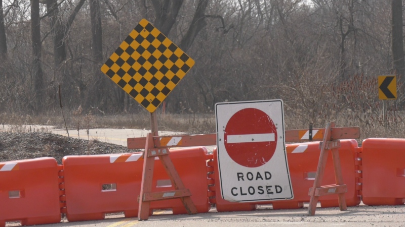 A closed-off Talbot Trail, a shoreline road in Chatham-Kent on Feb. 26, 2024. The road will soon be realigned to steer traffic away from nearby bluff erosion. (Travis Fortnum/CTV Windsor News)