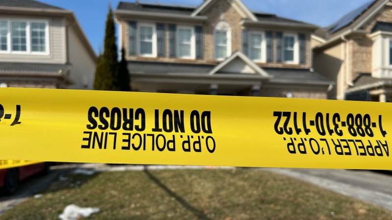 Police tape surrounds two homes on John W. Taylor Avenue in Alliston, Ont., on Tues., Feb. 27, 2024. (CTV News/Rob Cooper)