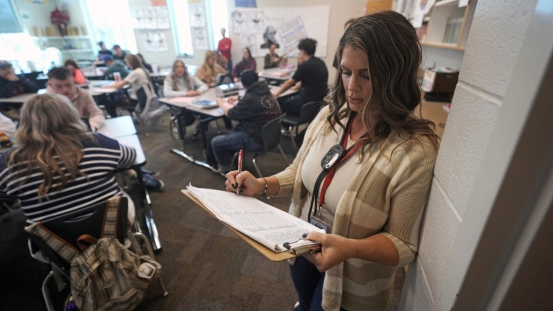 Kelli Anderson takes attendance at Delta High School on Feb. 23, 2024 in Delta, Utah. (Rick Bowmer/AP Photo)