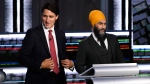 Liberal Leader Justin Trudeau, left, and NDP Leader Jagmeet Singh, prepare for the start of the federal election English-language Leaders debate in Gatineau, Que., on Thursday, Sept. 9, 2021. THE CANADIAN PRESS/Justin Tang