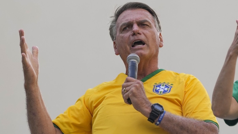 Former President Jair Bolsonaro addresses supporters during a rally in Sao Paulo., Brazil, Sunday, Feb. 25, 2024. Bolsonaro and some of his former top aides are under investigation into allegations they attempted plotted a coup to remove his successor, Luiz Inacio Lula da Silva. (Andre Penner / AP Photo)