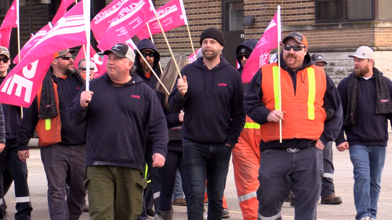 CUPE Local 35 workers held a peaceful protest outside the municipal offices in Central Elgin prior to and during a council meeting Feb. 26, 2024. (Brent Lale/CTV News London)