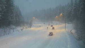 Snow on the Sea to Sky Highway near Daisy Lake is seen in this photo shared by DriveBC on Feb. 28, 2024. 