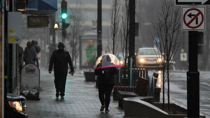 A pedestrians shield themselves from rain and wind in Halifax on Thursday, January 26, 2023. THE CANADIAN PRESS/Darren Calabrese