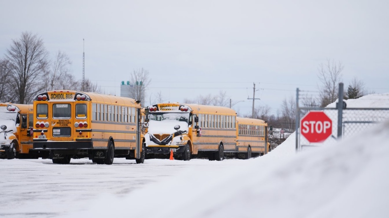 Snow covered school buses are seen in a lot in Ottawa on Thursday, Feb. 23, 2023. (Sean Kilpatrick/The Canadian Press)