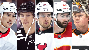 Ottawa Senators' Alex Formenton, New Jersey Devils defenceman Cal Foote, New Jersey Devils' Michael McLeod, Calgary Flames centre Dillon Dube, and Philadelphia Flyers goaltender Carter Hart. The five former members of Canada's world junior hockey team who are charged with sexual assault in a 2018 incident in London, Ont., have chosen to be tried by a jury. (The Canadian Press) 