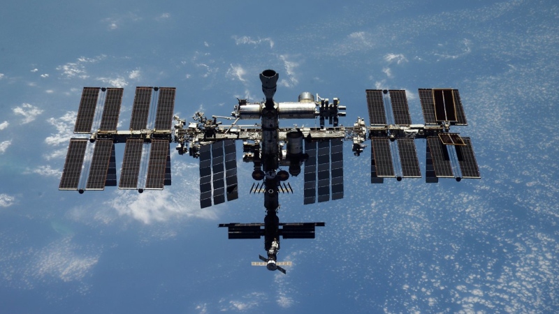 This undated photo released by the Roscosmos State Space Corporation shows the International Space Station (ISS). Russia's Roscosmos state corporation on Wednesday reported an air leak in the Russian segment of the International Space Station, but said it posed no threat to its crew. (Roscosmos State Space Corporation via AP, File)