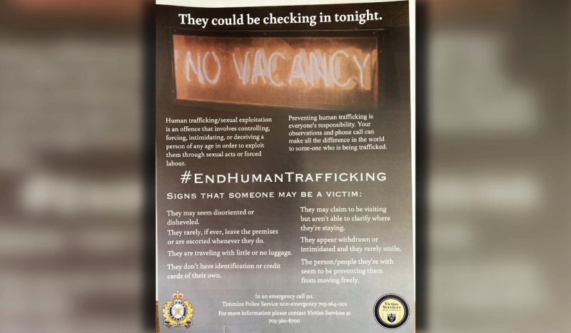 Posters like this one that outline signs of human trafficking can be seen in washroom stalls throughout the community. (Lydia Chubak/CTV News)