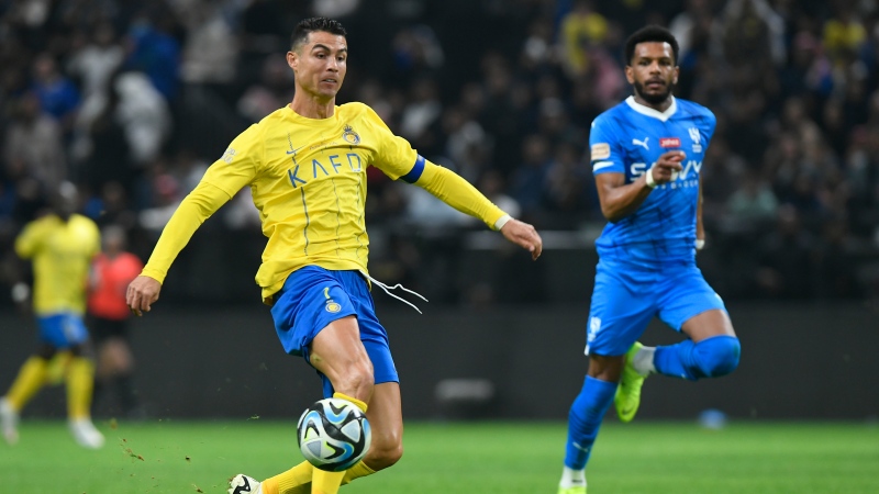 Al Nassr's Cristiano Ronaldo kicks the ball during Riyadh Season Cup 2024 final match against Al Hilal at Kingdom Arena Stadium in Riyadh, Saudi Arabia, Thursday, Feb. 8, 2024. (AP Photo)