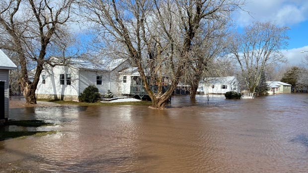 Water rises up to the doorsteps of Sussex-area homes in New Brunswick on Feb. 29, 2024.