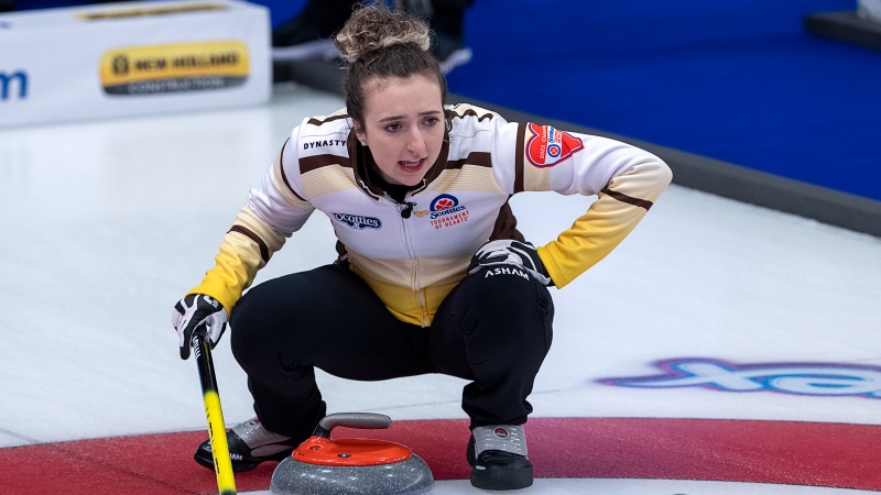 Manitoba skip Mackenzie Zacharias watches a rock as they play Northwest Territories at the Scotties Tournament of Hearts at Fort William Gardens in Thunder Bay, Ont. on Tuesday, Feb. 1, 2022. THE CANADIAN PRESS/Andrew Vaughan