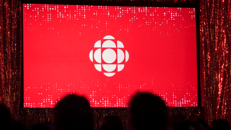 The CBC logo is projected onto a screen in Toronto on May 29, 2019. (THE CANADIAN PRESS/Tijana Martin)