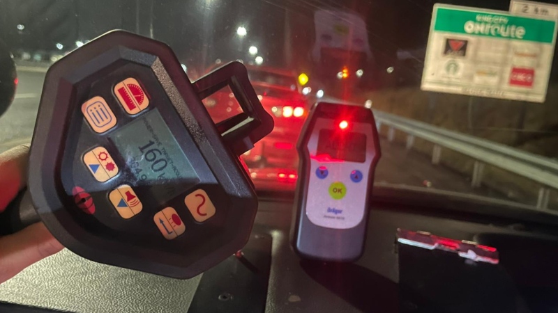 Provincial police stop a vehicle allegedly speeding 160km/h on Highway 400 near King Road in Vaughan, Ont., on Tues., Feb. 27, 2024. (Source: OPP/X)