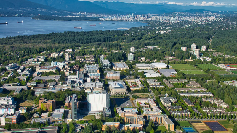 The University of British Columbia campus is seen in the foreground, with downtown Vancouver in the background, in this photo from June 2019.