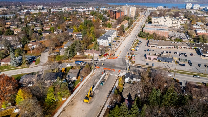Aerial view of the road work along Duckworth Street in Barrie, Ont. (Source: City of Barrie)