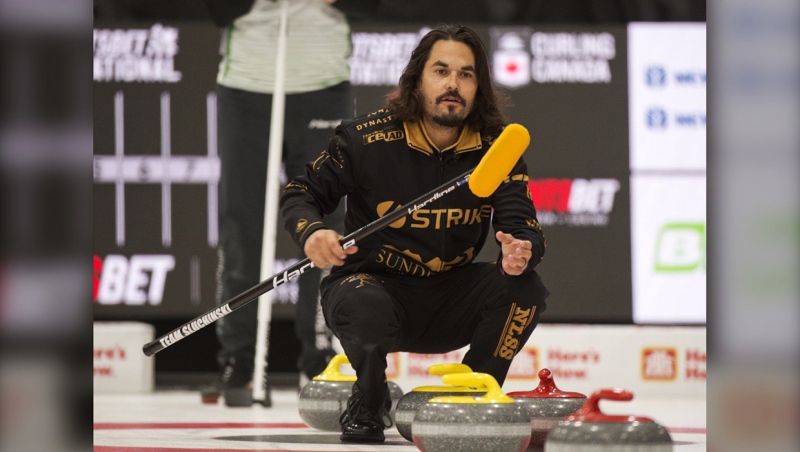 Skip Aaron Sluchinski competes in the Pointsbet Invitational in Oakville, Ont. in a Sept. 28, 2023 handout photo.  Sluchinski's Airdrie Curling Club team is among 18 battling for a national title in the Montana's Brier starting Friday in Regina. THE CANADIAN PRESS/HO-Michael Burns