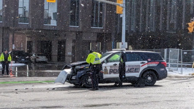 Waterloo regional police responding to a collision involving a WRPS cruiser on Feb. 29, 2024. (Johnny Mazza/CTV Kitchener)