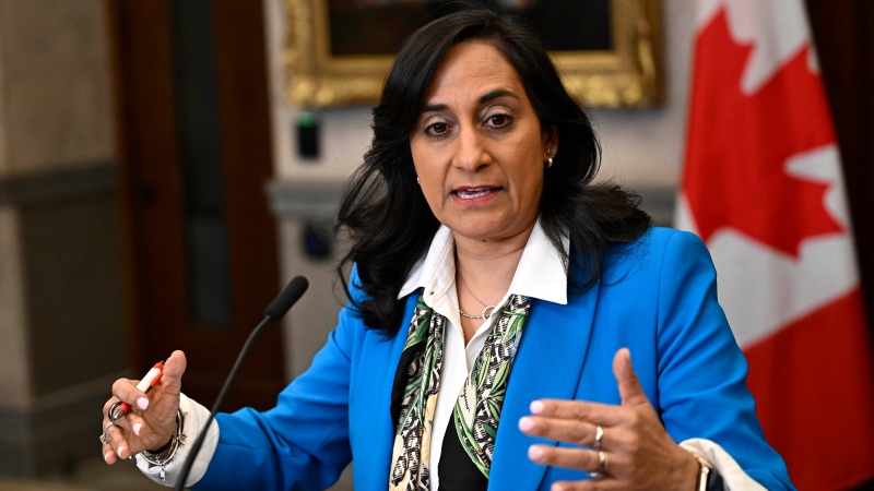 President of the Treasury Board Anita Anand speaks during a news conference on government spending and the Main Estimates, in the Foyer of the House of Commons on Parliament Hill in Ottawa, on Thursday, Feb. 29, 2024. THE CANADIAN PRESS/Justin Tang 