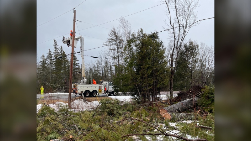 A Nova Scotia Power crew works to restore power in Scotsburn on Feb. 29, 2024.