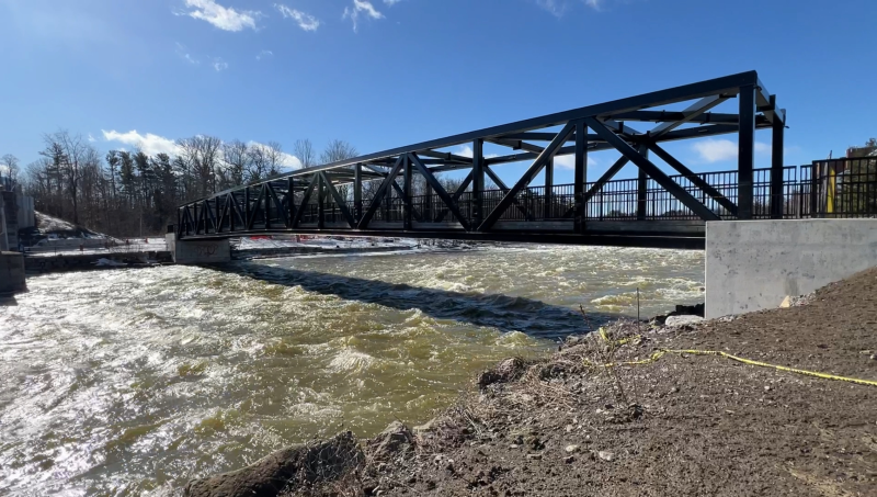A footbridge that connects Carleton University to Vincent Massey Park over the Rideau River remains unopened after two years because of LRT delays. Ottawa, Ont. Feb. 29, 2024. (Tyler Fleming / CTV News).