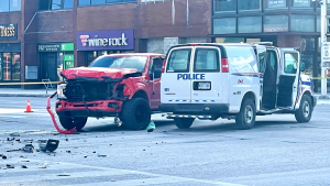 A two-vehicle crash involving a London police van at the Oxford Street and Richmond Street intersection on Feb. 29, 2024. (Gerry Dewan/CTV News London) 