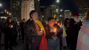 A vigil was held in Victoria Park on Feb. 29, 2024, to remember a non-binary student in Oklahoma who died earlier in February. (Amandalina Letterio/CTV News London) 