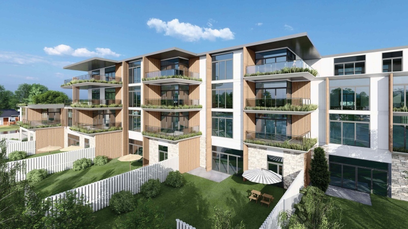 This concept includes the potential of 38 one and two bedroom(s) units, including balcony, a green roof, underground parking, tiered levels, glass railings, and sports courts at the Roseland site in Windsor, Ont. (Source: City of Windsor)