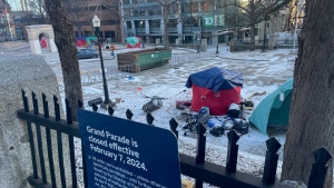 A large garbage bin is pictured at Halifax's Grand Parade on March 1, 2024. (Carl Pomeroy/CTV Atlantic)