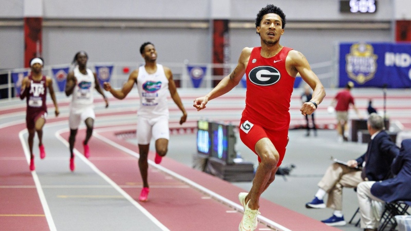 Christopher Morales Williams’s progression has been as rapid as his world-best performance last Saturday was shocking. Morales Williams, of Vaughan, Ont., is seen in action for the University of Georgia during the NCAA Southeastern Conference indoor championships, in Fayetteville, Ark., in a Sunday, Feb. 25, 2024, handout photo. THE CANADIAN PRESS/HO-University of Georgia, Wesley Hitt, Wesley Hitt, 501-258-0920, wesley@hittphotography.com