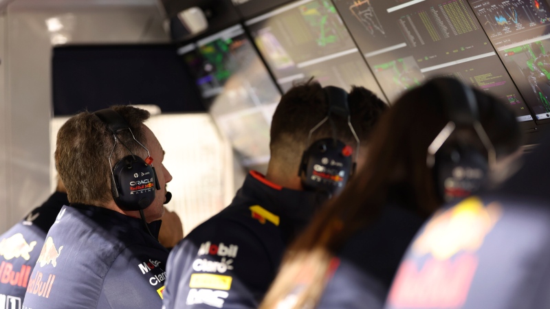 Red Bull team principal Christian Horner, second left, during qualification ahead of the Formula One Bahrain Grand Prix at the Bahrain International Circuit in Sakhir, Bahrain, Friday, March 1, 2024. (Ali Haider, Pool Photo via AP)

