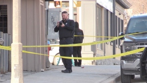 South Simcoe police conduct an investigation in downtown Bradford, Ont., on Fri., March 1, 2024. (CTV News/Steve Mansbridge)