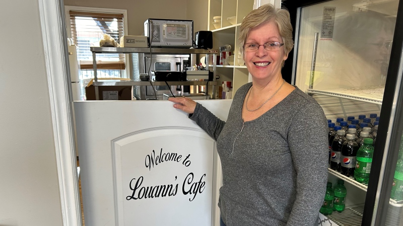 Louann MacDonald poses inside her new location for Louann’s Cafe in Sydney, which opens on March 4 after the old location was damaged during Fiona. (Ryan MacDonald/CTV Atlantic)