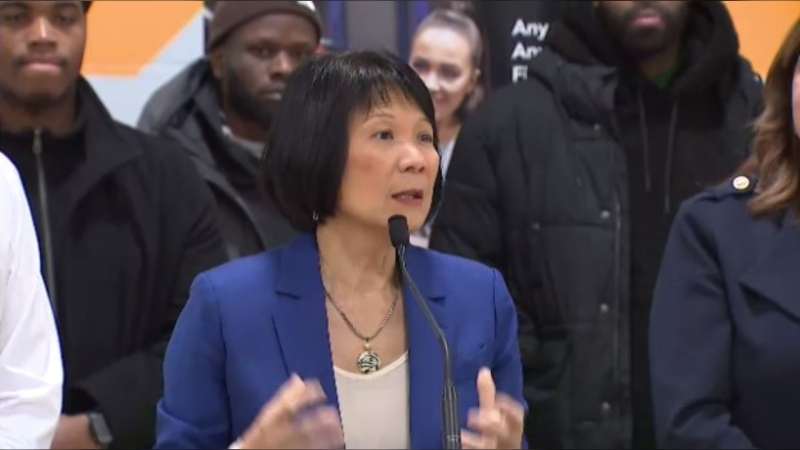 Mayor Olivia Chow speaks at a news conference in Scarborough Friday March 1, 2024. 