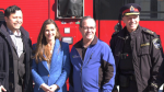 (L_R) City Councillor Sergio Morales, MPP's Andrea Khanjin and Doug Downey, and Police Chief Rich Johnston outside the Barrie fire station on Dunlop Street in Barrie, Ont., on Fri., March 1, 2024. (CTV News/Mike Lang)