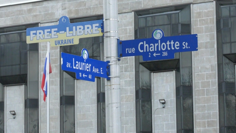 A temporary "Free Ukraine" sign installed on a signpost on Charlotte Street in Ottawa, just outside the Russian embassy. March 1, 2024. (Peter Szperling/CTV News Ottawa)