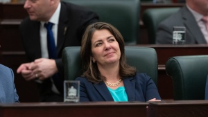 Alberta Premier Danielle Smith looks to the gallery as the 2024 budget is delivered in Edmonton, Thursday, Feb. 29, 2024. (THE CANADIAN PRESS/Jason Franson)