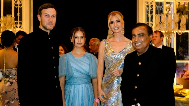 This photograph released by the Reliance group shows from L to R, Jared Kushner, daughter Arabella and Ivanka Trump posing for a photograph with billionaire industrialist Mukesh Ambani, right, at a pre-wedding bash of Ambani's son Anant Ambani in Jamnagar, India, Friday, Mar. 01, 2024. (Reliance group via AP)