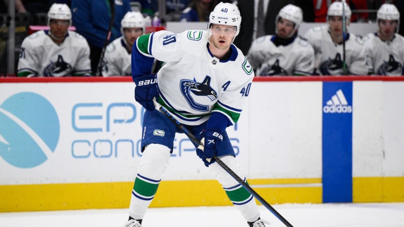 Vancouver Canucks centre Elias Pettersson (40) in action during the second period of an NHL hockey game against the Washington Capitals, Sunday, Feb. 11, 2024, in Washington. (AP Photo/Nick Wass)