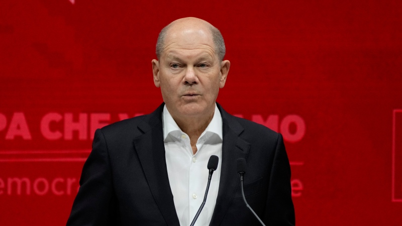German Chancellor Olaf Scholz delivers his speech at the PES congress after main candidate to the next European elections Nicolas Schmit has been elected, in Rome, Saturday, March 2, 2024. (AP Photo/Alessandra Tarantino)