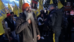 Dozens of members of the Lower Mainland’s Sikh community gathered to protest the presence of an Indian diplomat in Surrey on Friday night. (CTV)