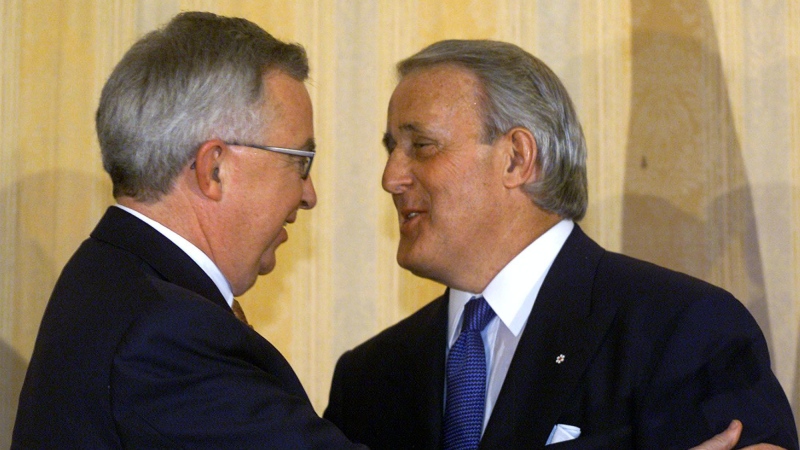 Progressive Conservative leader Joe Clark (left) is introduced by former Prime Minister Brian Mulroney at a party fundraiser in Montreal Wednesday May 23, 2001.(CP PHOTO/Ryan Remiorz) 