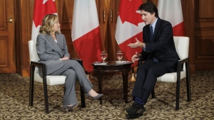 Canadian Prime Minister Justin Trudeau, right, meets with Prime Minister of Italy Giorgia Meloni in Toronto on Saturday, Mar. 2, 2024. (Cole Burston/The Canadian Press)