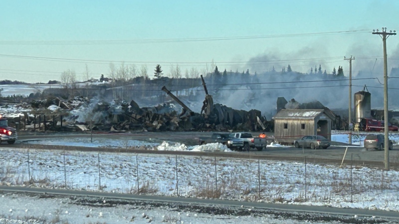 The aftermath of a devastating fire at the Covered Bridge Potato Chips factory in Hartland, N.B. in this Saturday, March 2, 2024 handout photo posted on the Government of New Brunswick Facebook page. Facebook, Government of New Brunswick 