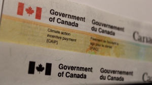 A Climate Action Incentive Payment (CAIP) cheque can be seen in this file photo. The federal government announced in mid February that the incentive was being renamed the "Canada Carbon Rebate." (David Prisciak/CTV News)
